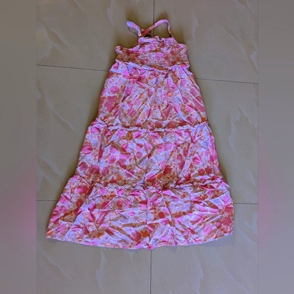 cat & jack orange pink tropical floral sleeveless maxi dress 7/8 girls